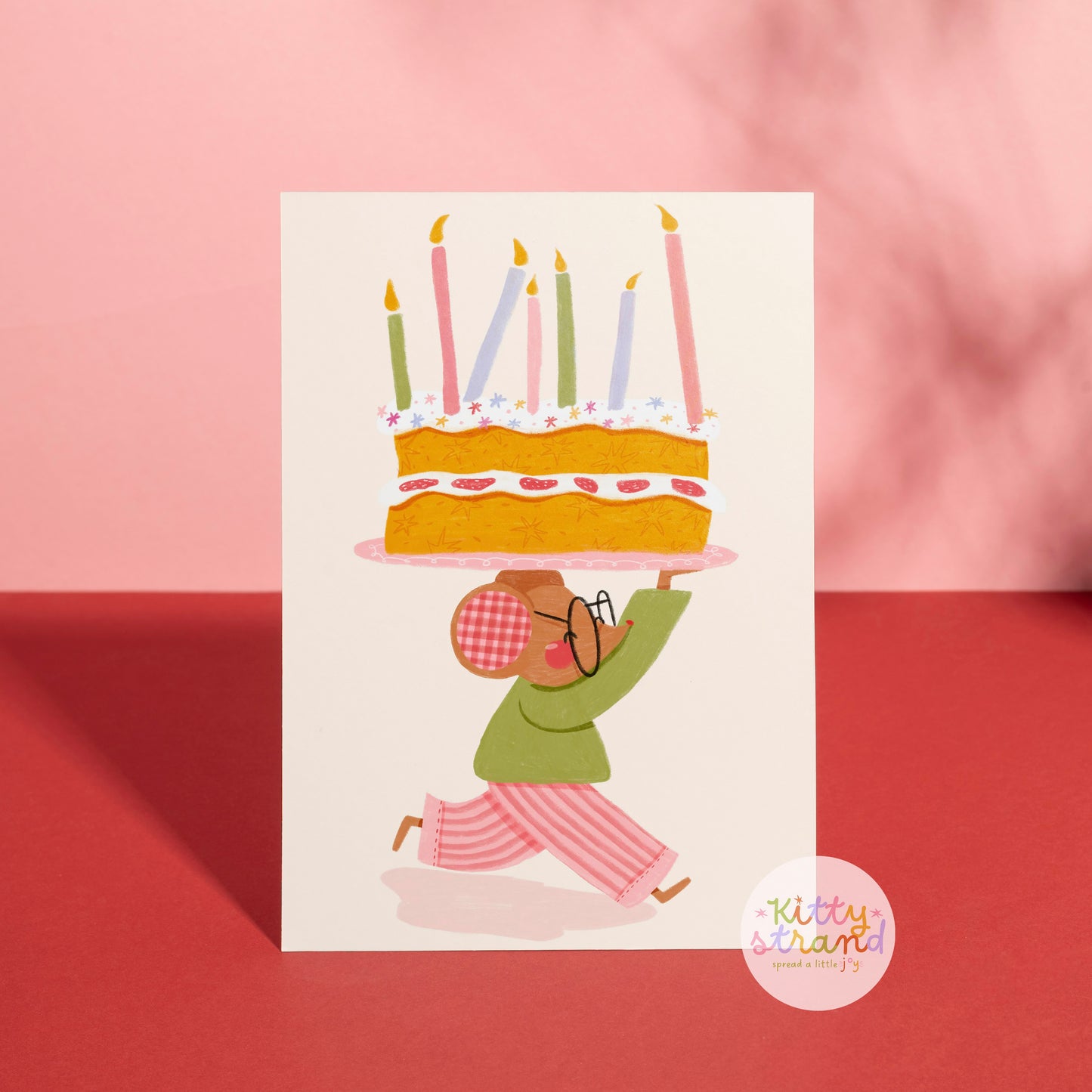 mouse themed birthday card for kids, A6 handmade card with a mouse carrying a whimsical birthday cake filled with candles and stars