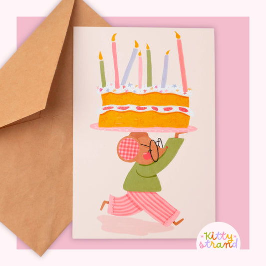 mouse themed birthday card for kids, A6 handmade card with a mouse carrying a whimsical birthday cake filled with candles and stars