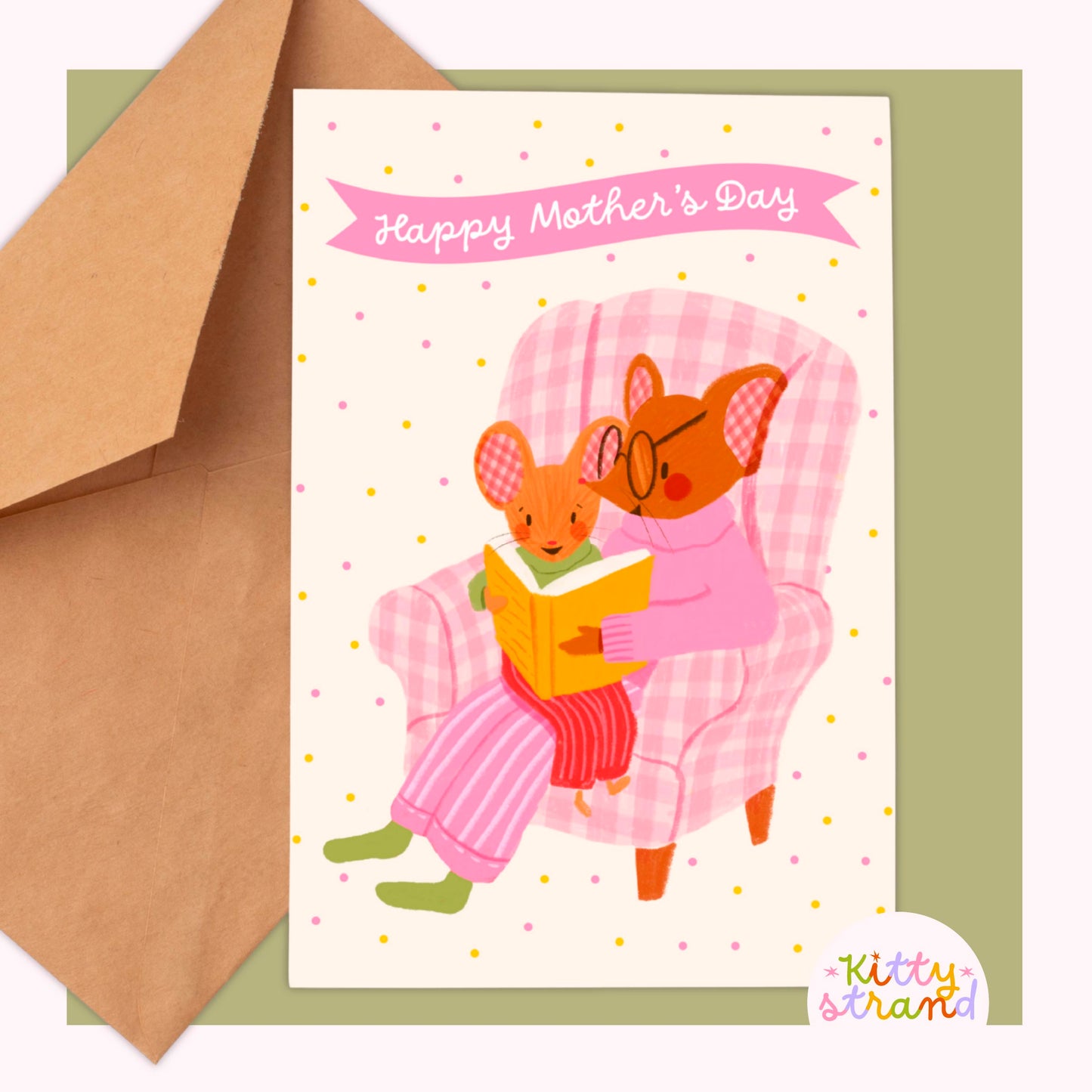 Sweet Mother's day card with an illustration of a mother mouse and baby mouse reading a book together in a gingham armchair