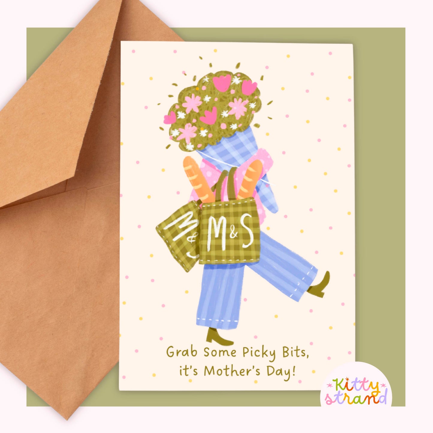 Mothers Day Card wtith an illustration of a woman carrying bags of food and flowers. Text on card reads "Grab some picky bits, it's mothers day"