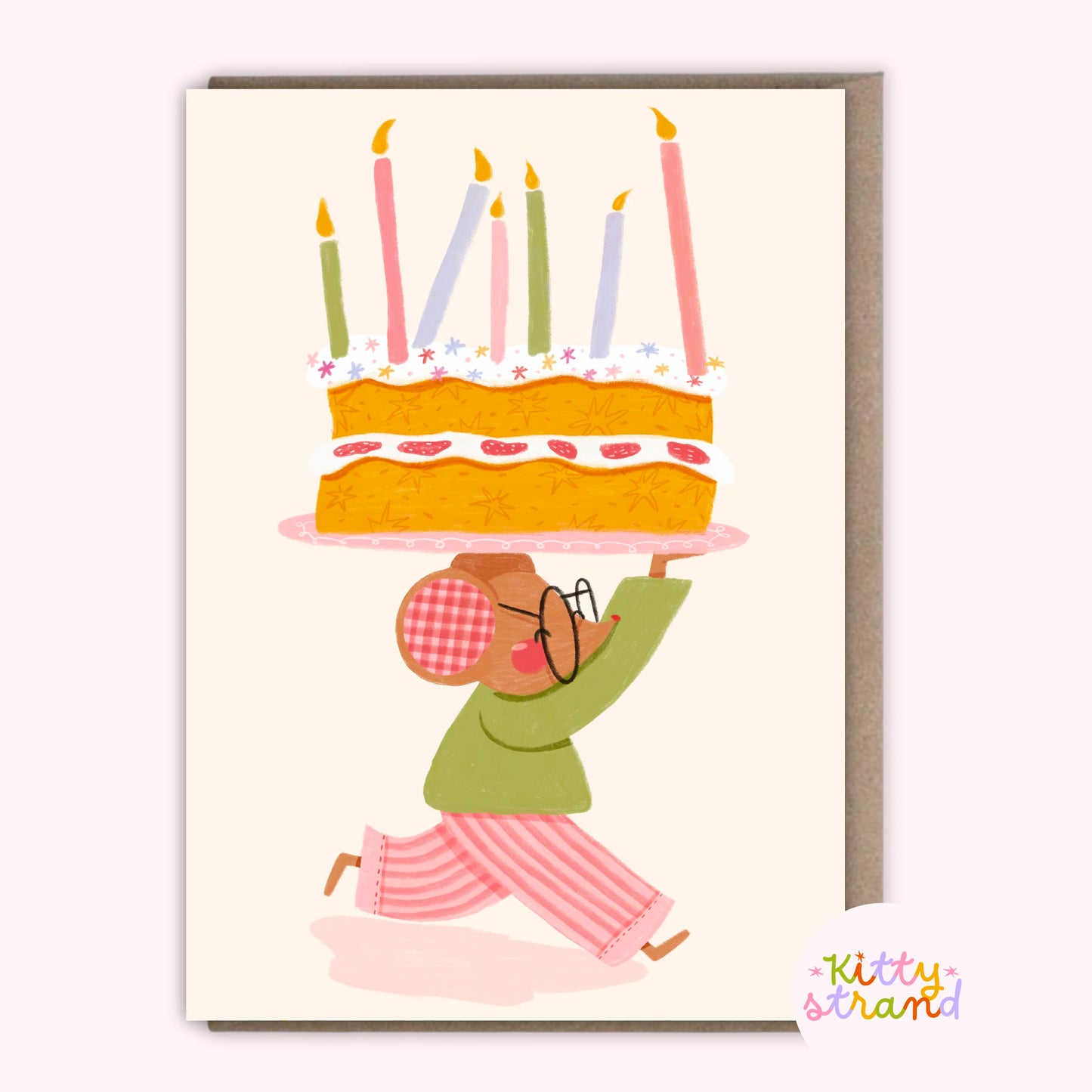mouse themed birthday card for kids, A6 handmade card with a mouse carrying a whimsical birthday cake filled with candles and stars