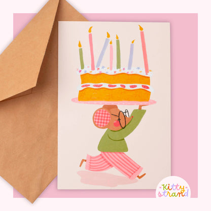 mouse themed birthday card for kids, A6 handmade card with a mouse carrying a whimsical birthday cake filled with candles and stars