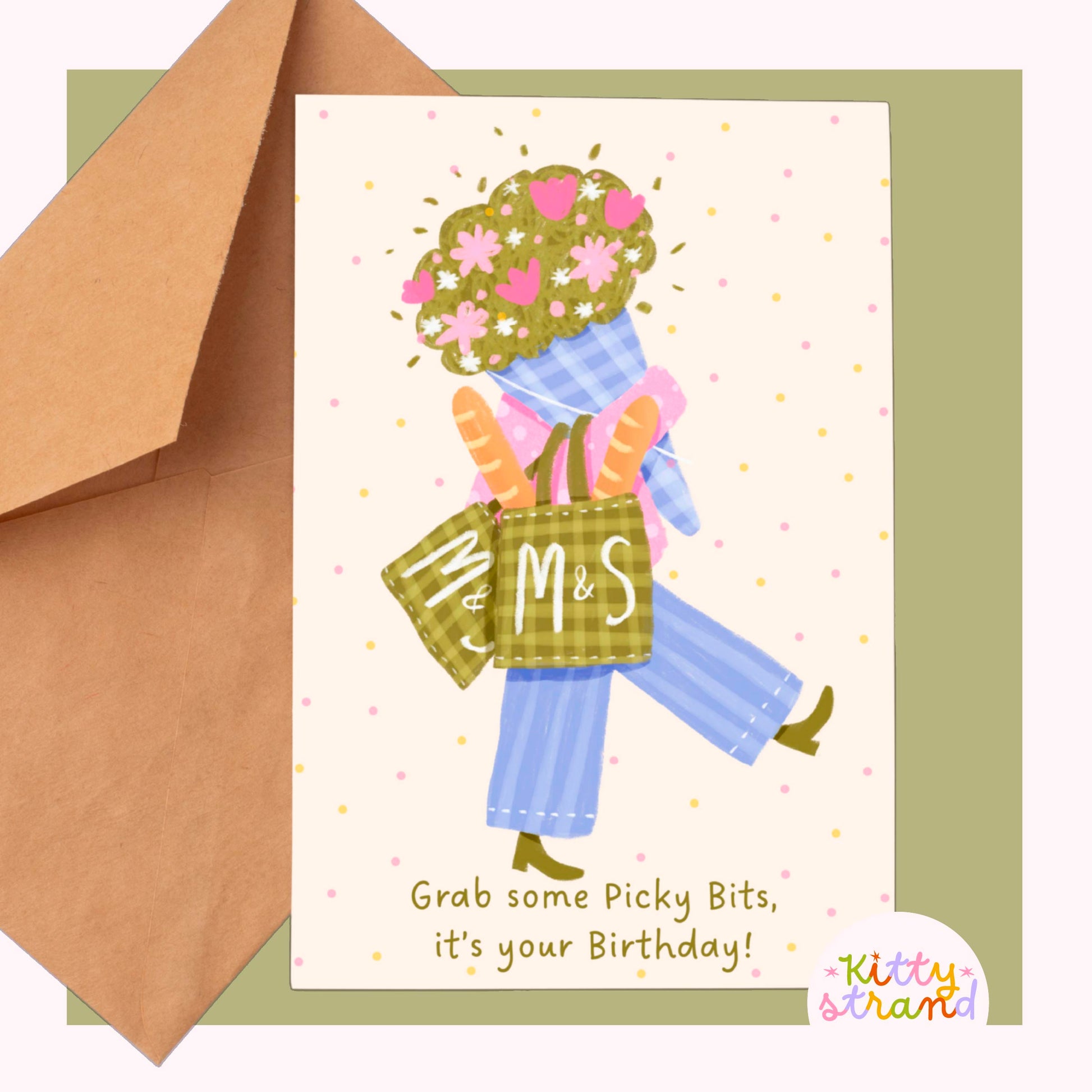 Birthday card with illustration of a person holding M&S bags and text 'Grab some Picky Bits, it's your Birthday!' on a white background.