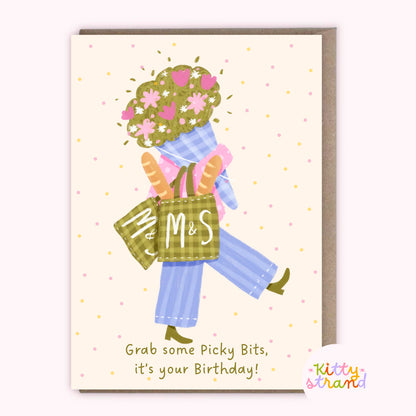 Birthday card with illustration of a person holding flowers and shopping bags, with text 'Grab some Picky Bits, it's your Birthday!' and 'Kitty Strand' branding.