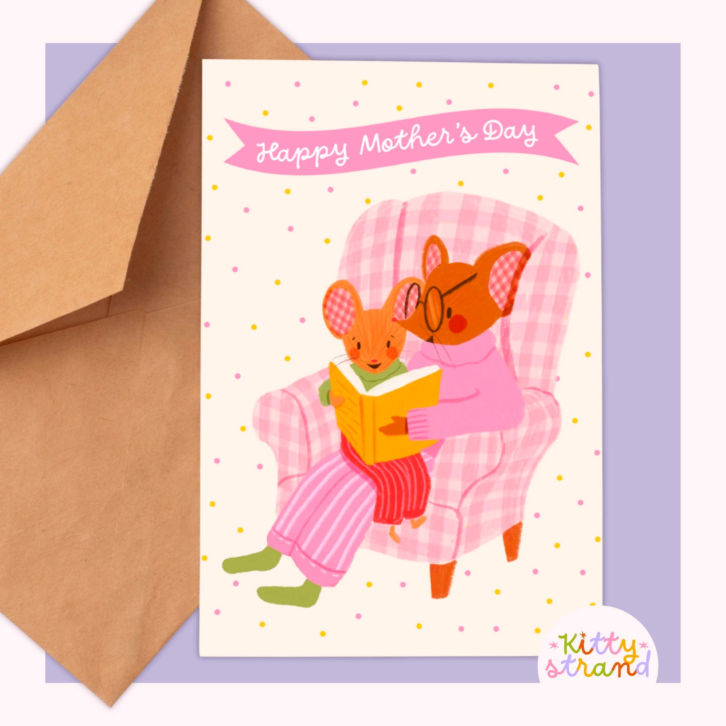 Sweet Mother's day card with an illustration of a mother mouse and baby mouse reading a book together in a gingham armchair 