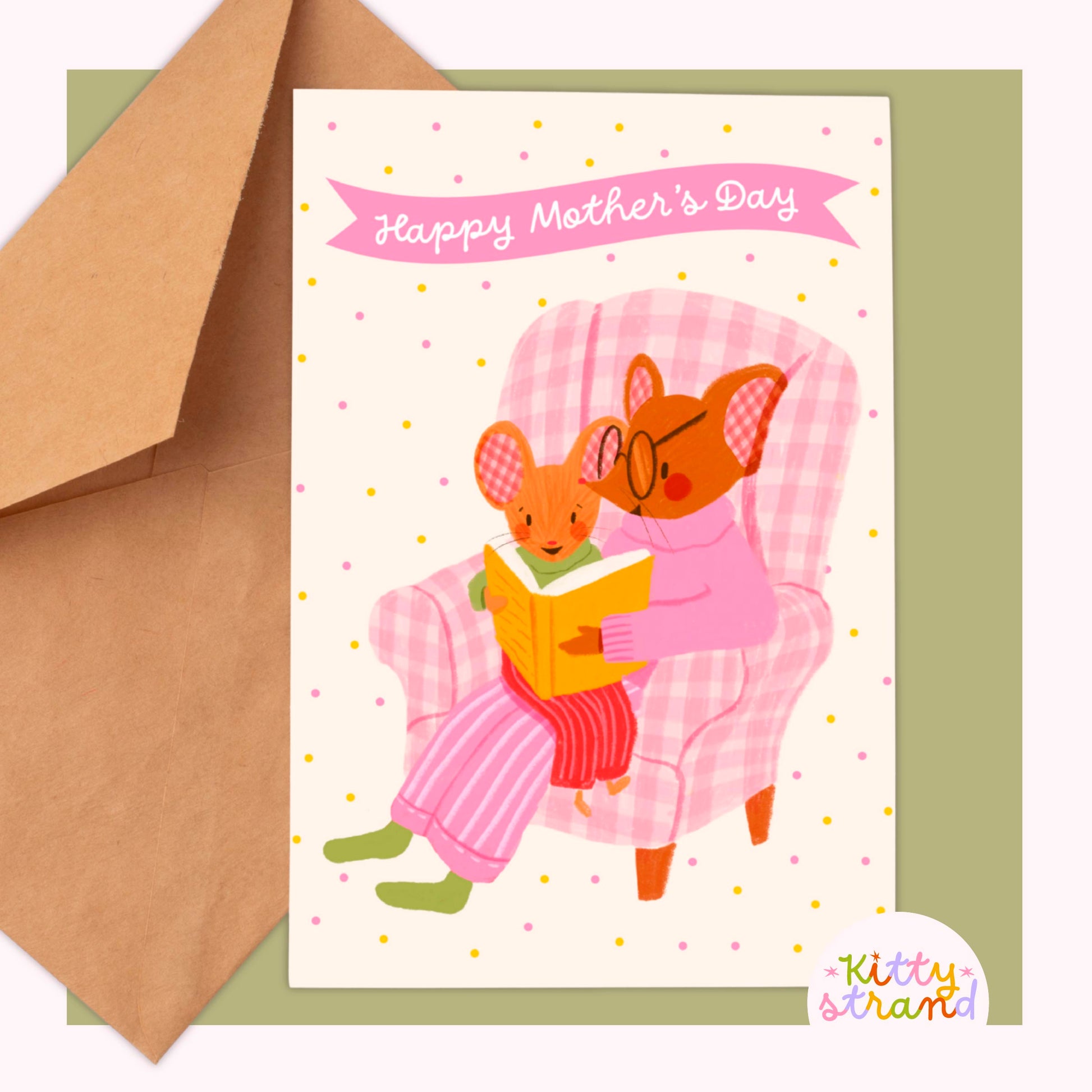 Sweet Mother's day card with an illustration of a mother mouse and baby mouse reading a book together in a gingham armchair 