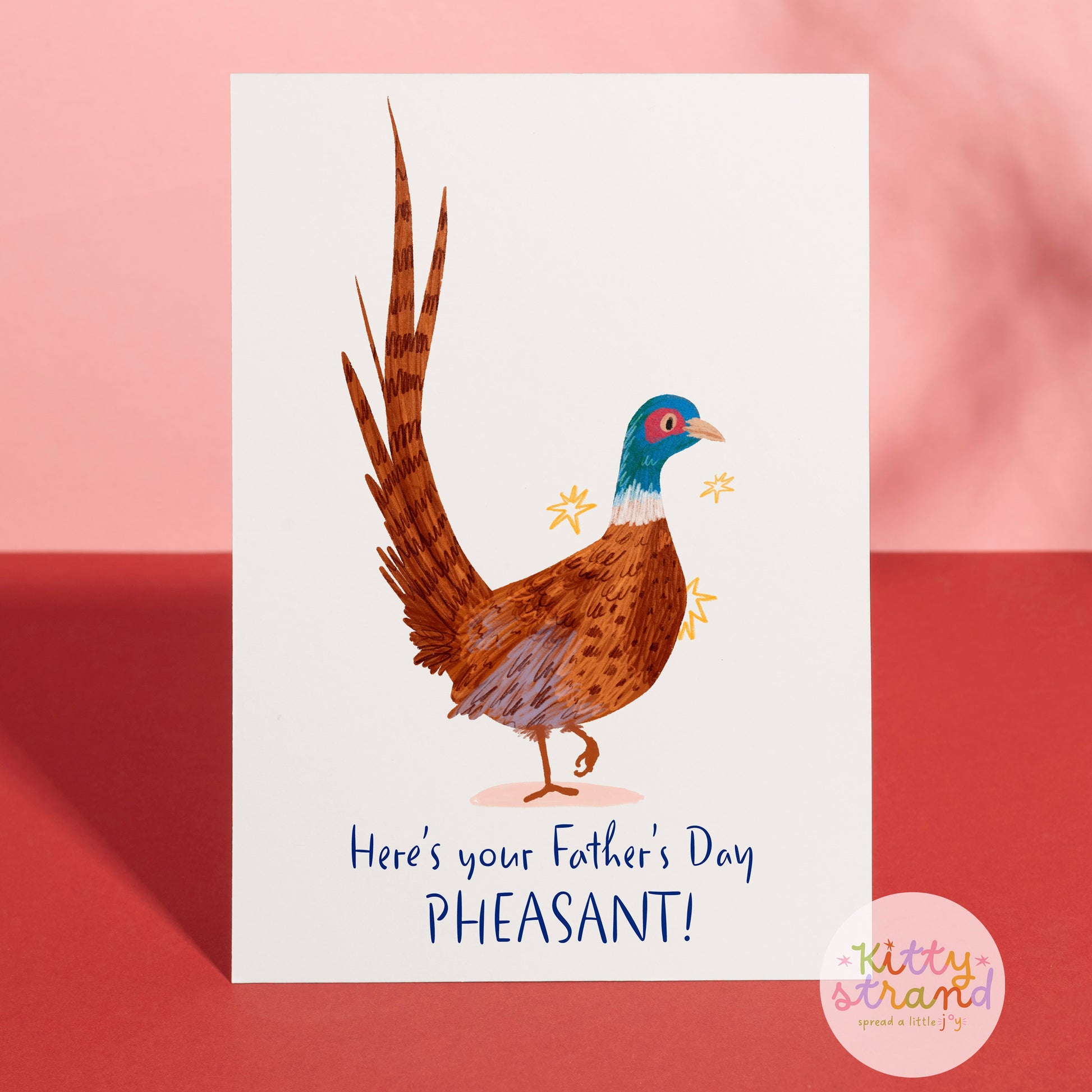 Father's Day card with a pheasant illustration on a pink and red background