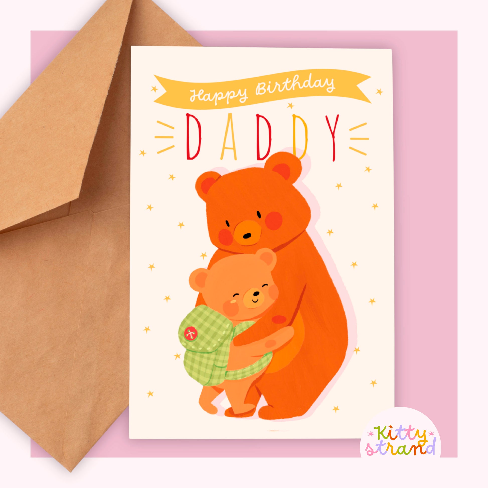 happy birthday daddy, birthday card for dad with an illustration of a bear and a bear cub hugging