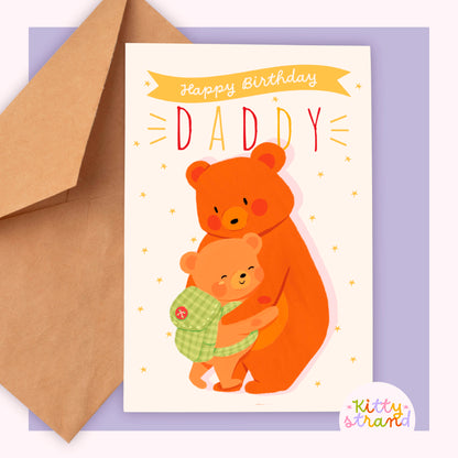 happy birthday daddy, birthday card for dad with an illustration of a bear and a bear cub hugging