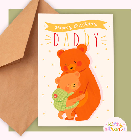 happy birthday daddy, birthday card for dad with an illustration of a bear and a bear cub hugging