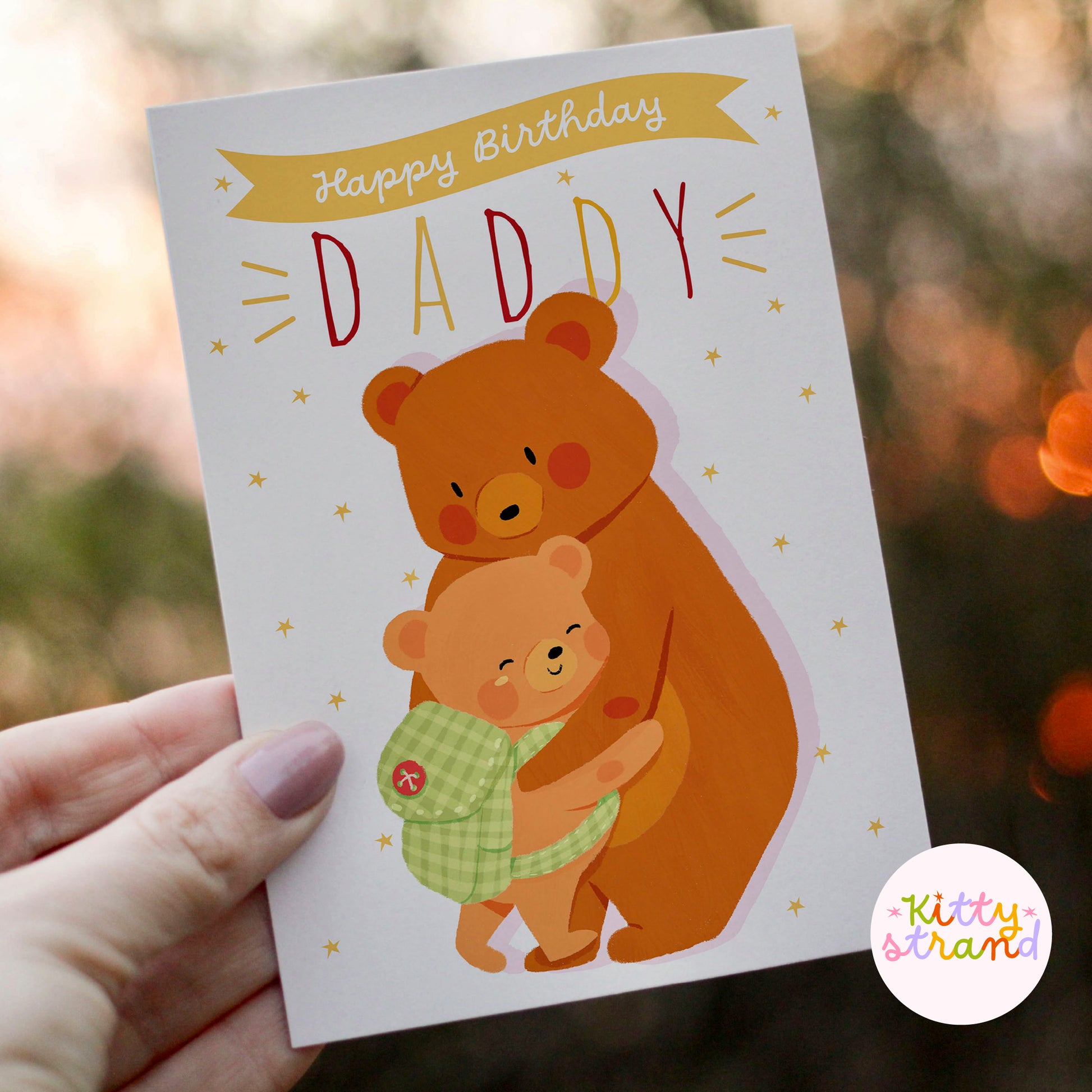 happy birthday daddy, birthday card for dad with an illustration of a bear and a bear cub hugging
