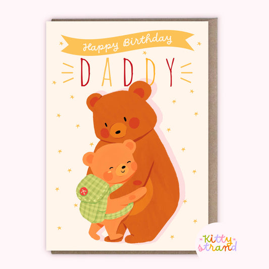 happy birthday daddy, birthday card for dad with an illustration of a bear and a bear cub hugging