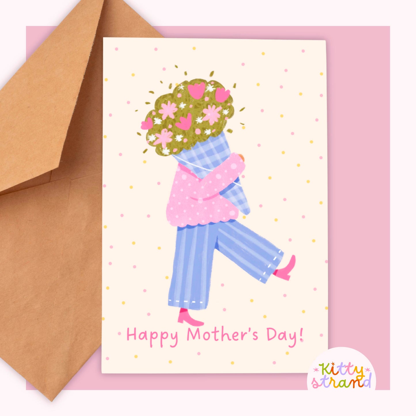 Mother's Day card with a woman holding flowers and 'Happy Mother's Day!' text, featuring a brown envelope.