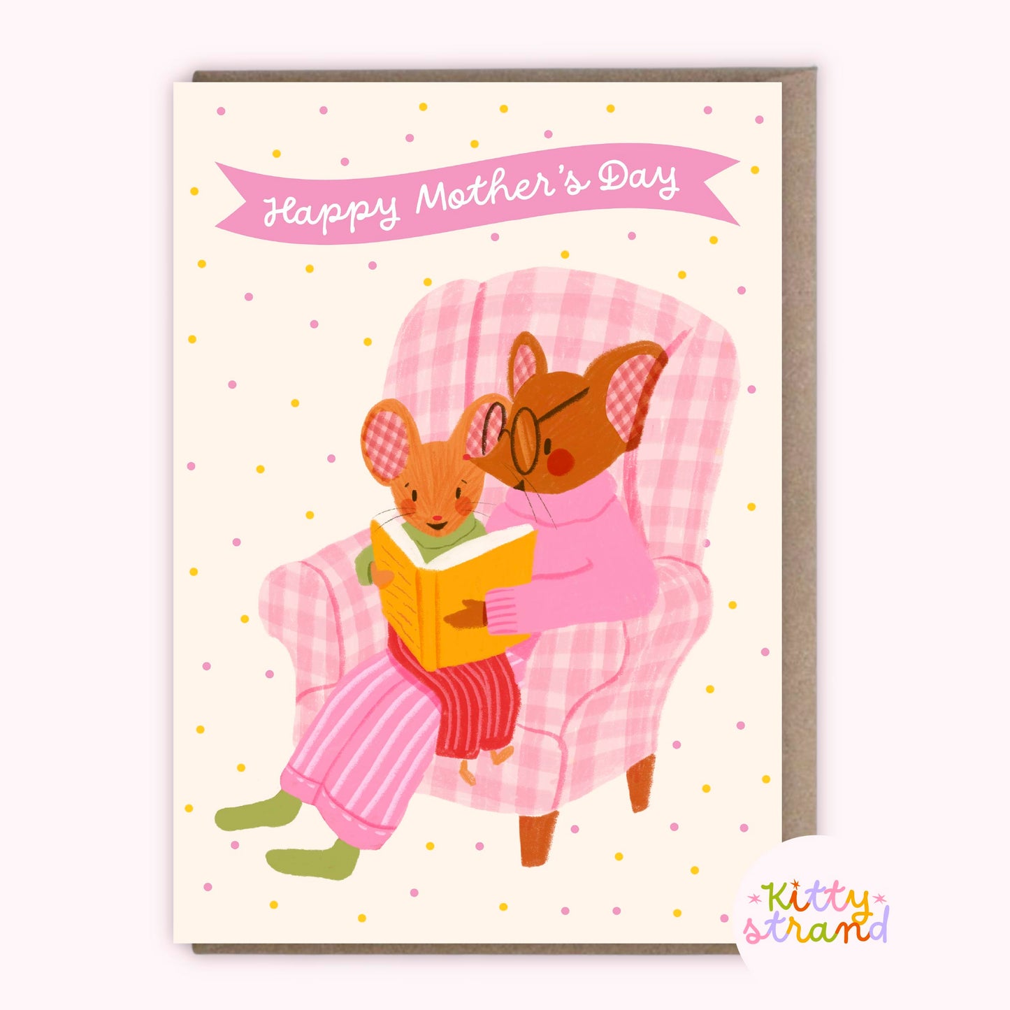 Sweet Mother's day card with an illustration of a mother mouse and baby mouse reading a book together in a gingham armchair 