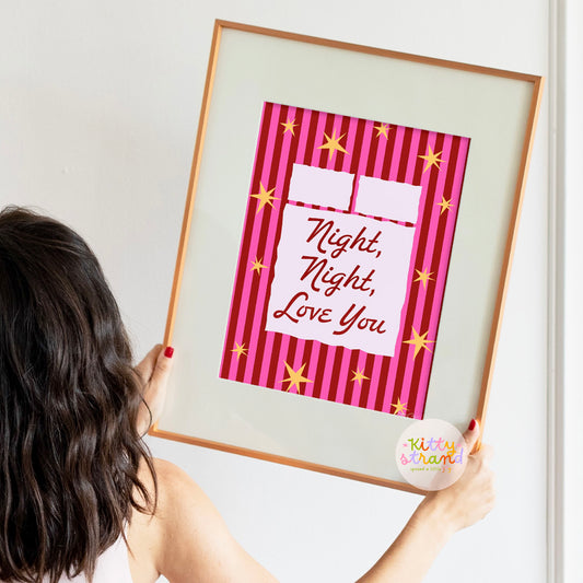 Pink bed themed wall art with a pink striped background and an illustration of a bed with the quote "Night Night, Love You" in cursive writing