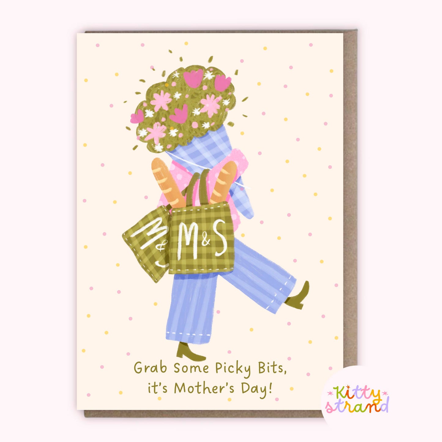 Mothers Day Card wtith an illustration of a woman carrying bags of food and flowers. Text on card reads "Grab some picky bits, it's mothers day"