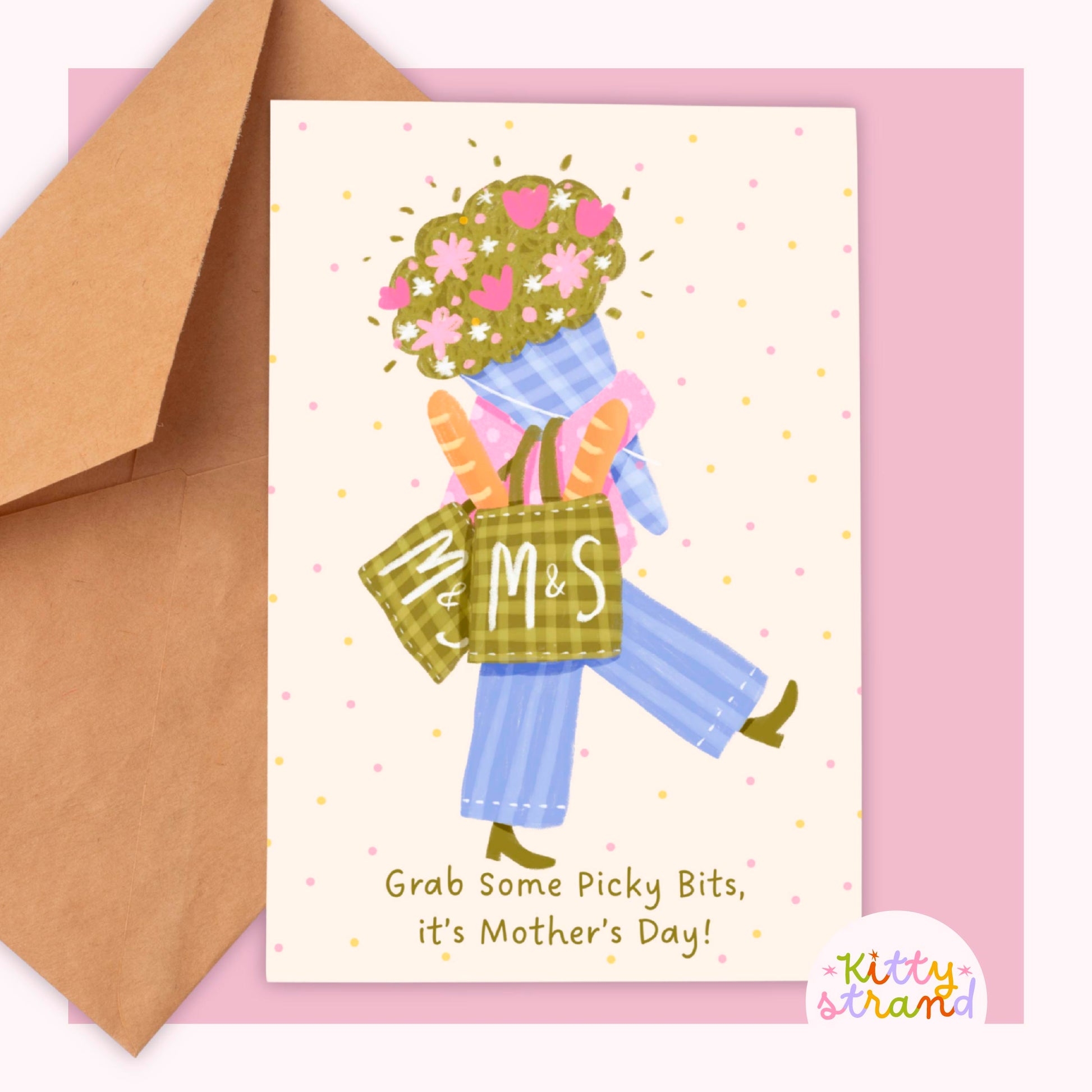 Mothers Day Card wtith an illustration of a woman carrying bags of food and flowers. Text on card reads "Grab some picky bits, it's mothers day"
