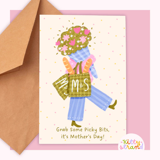 Mothers Day Card wtith an illustration of a woman carrying bags of food and flowers. Text on card reads "Grab some picky bits, it's mothers day"