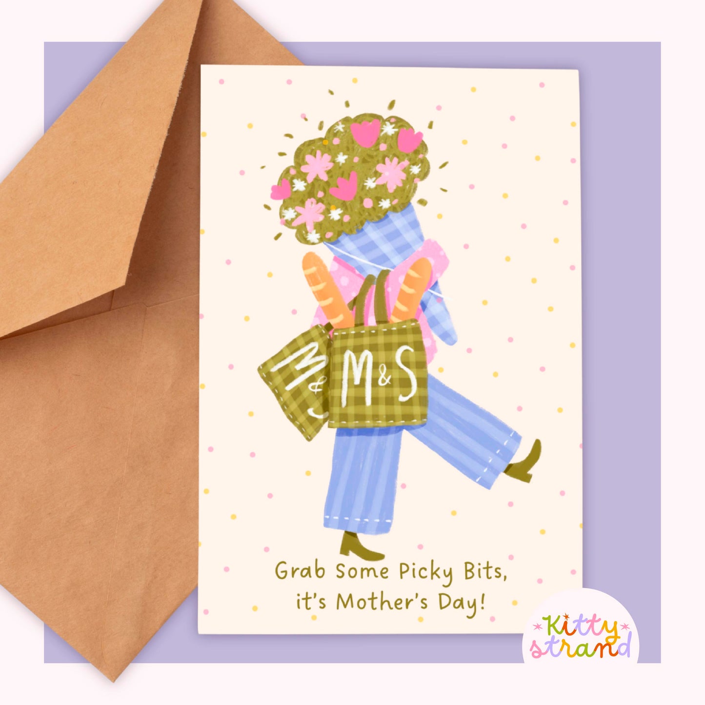 Mothers Day Card wtith an illustration of a woman carrying bags of food and flowers. Text on card reads "Grab some picky bits, it's mothers day"
