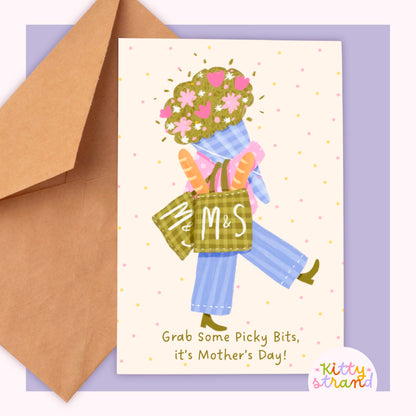 Mothers Day Card wtith an illustration of a woman carrying bags of food and flowers. Text on card reads "Grab some picky bits, it's mothers day"