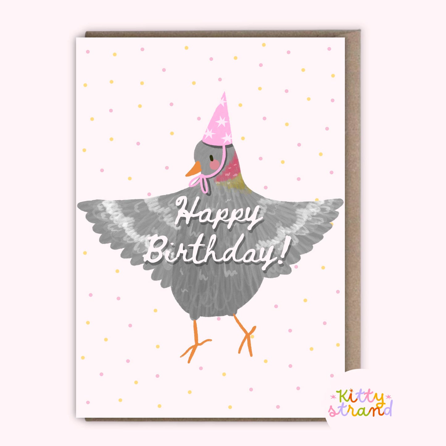 Birthday card with a pigeon illustration wearing a party hat on a white background with polka dots.