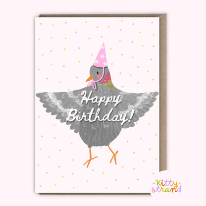 Birthday card with a pigeon illustration wearing a party hat on a white background with polka dots.