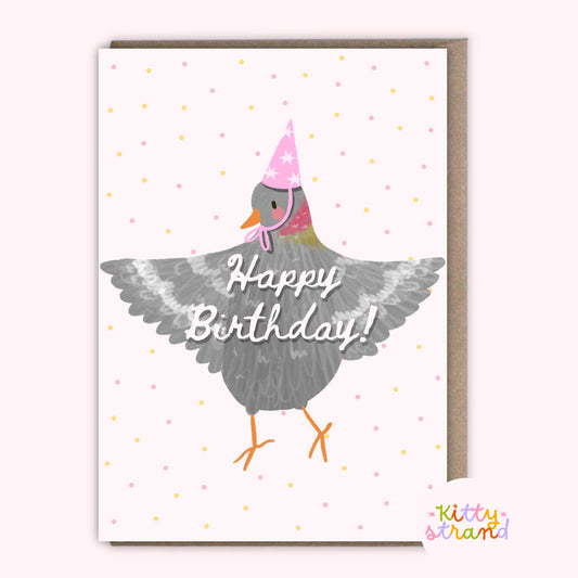 Birthday card with a pigeon illustration wearing a party hat on a white background with polka dots.