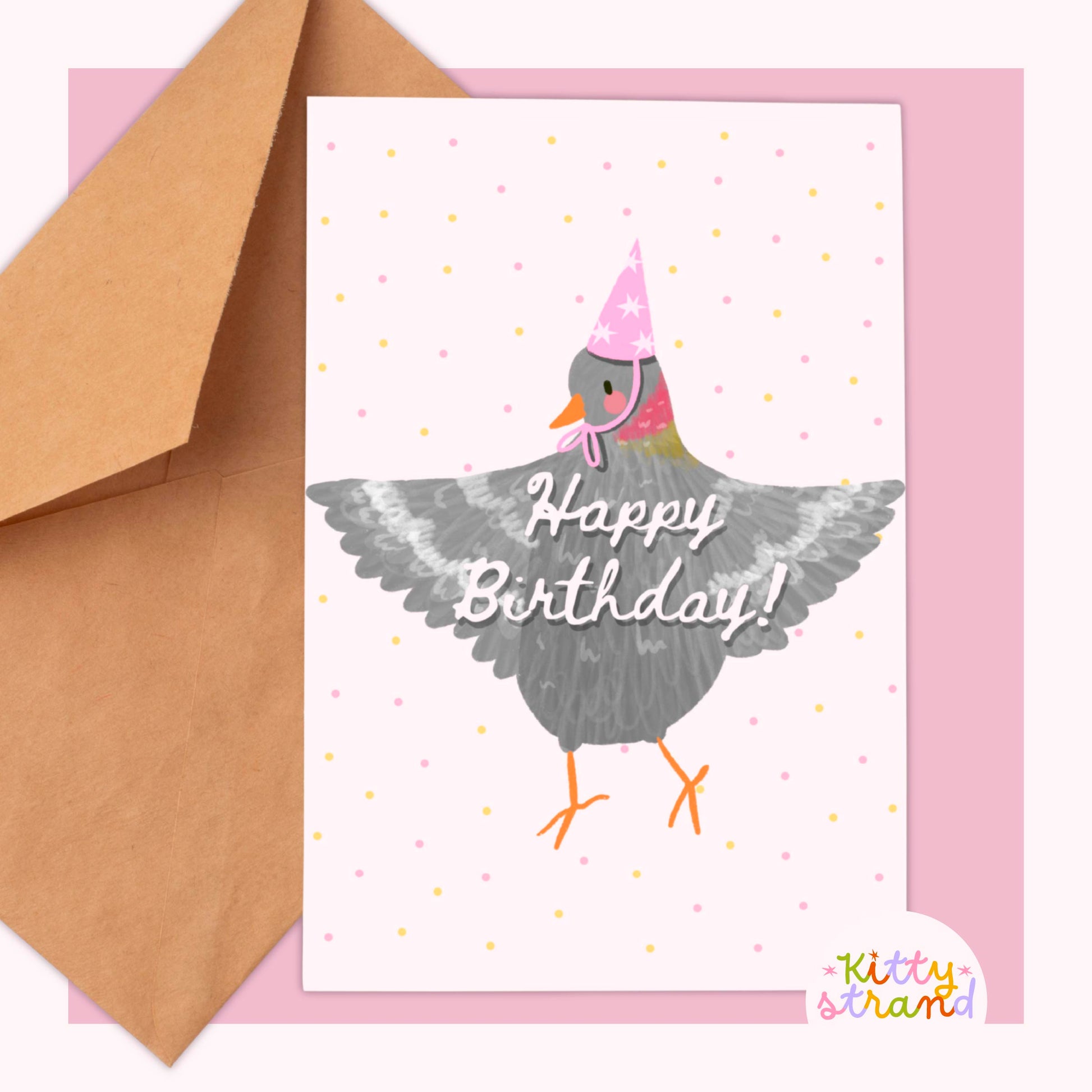 Birthday card with a bird illustration and 'Happy Birthday!' text, featuring a brown envelope.