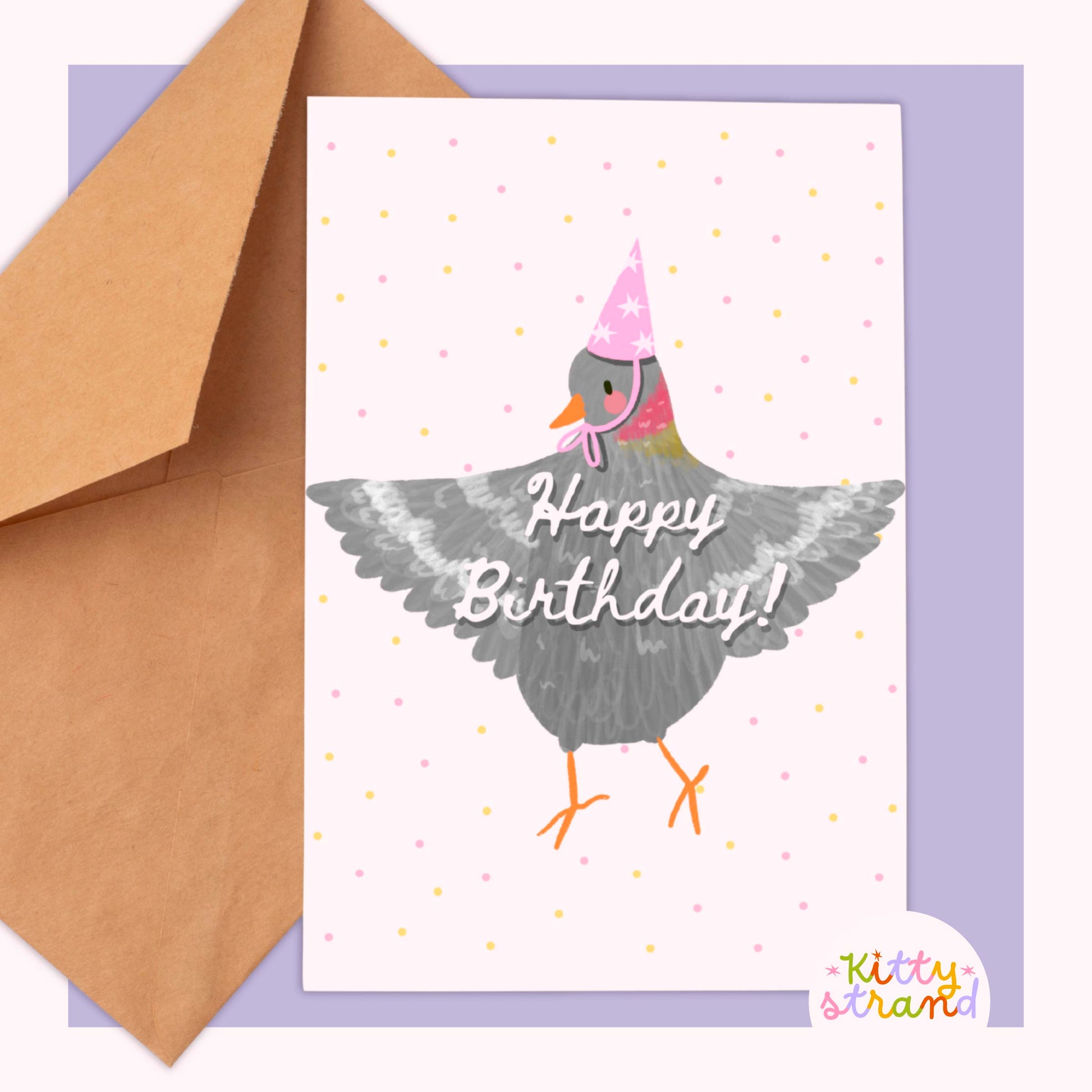 Birthday card with a pigeon wearing a party hat and 'Happy Birthday!' text, accompanied by a brown envelope.