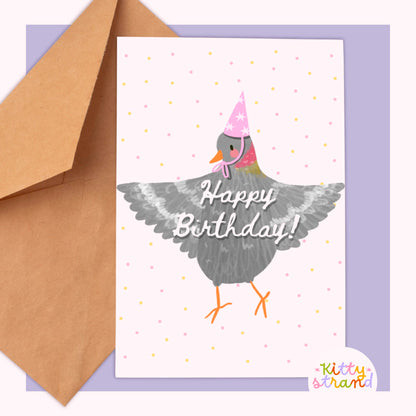 Birthday card with a pigeon wearing a party hat and 'Happy Birthday!' text, accompanied by a brown envelope.