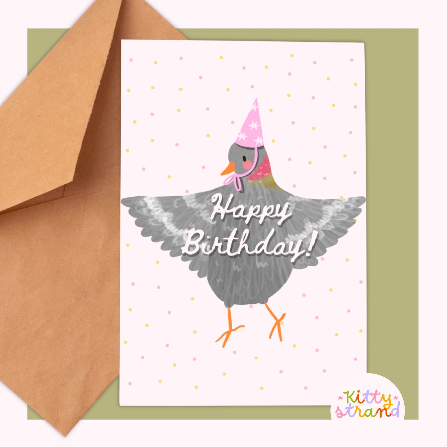 Birthday card with a pigeon wearing a party hat and 'Happy Birthday!' text, featuring a brown envelope.