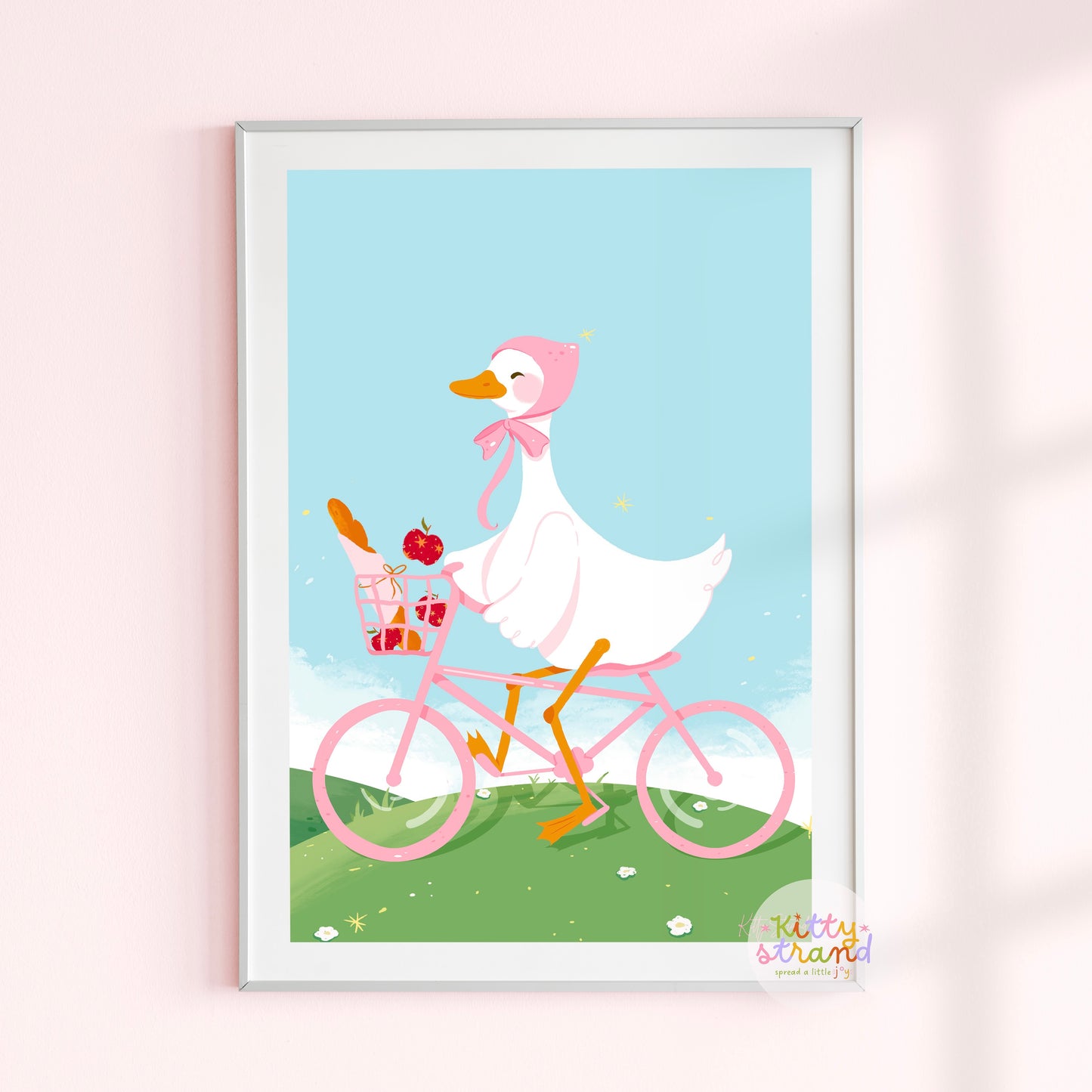 Illustration of a duck riding a pink bicycle with a basket on a light blue background.
