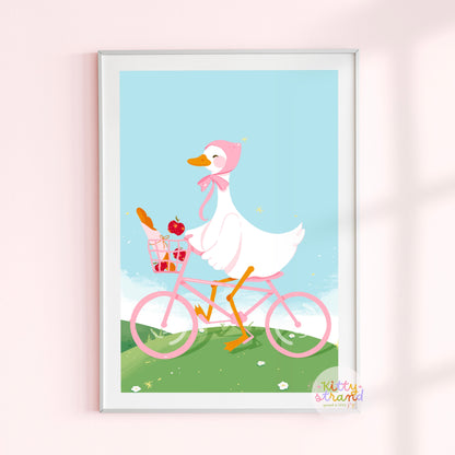 Illustration of a duck riding a pink bicycle with a basket on a light blue background.