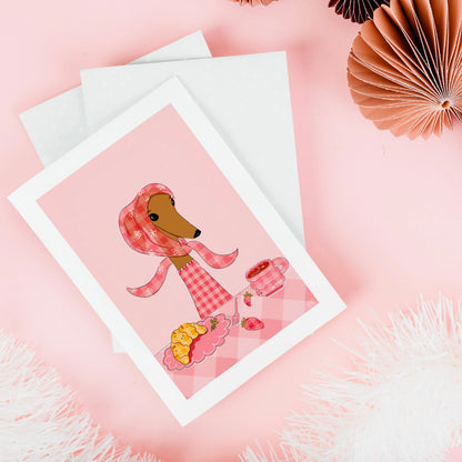 wall art with a dog eating brunch with a cup of coffee