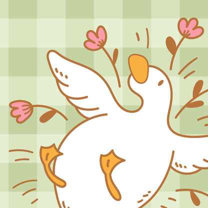 Illustration of a duck with flowers on a green checkered background