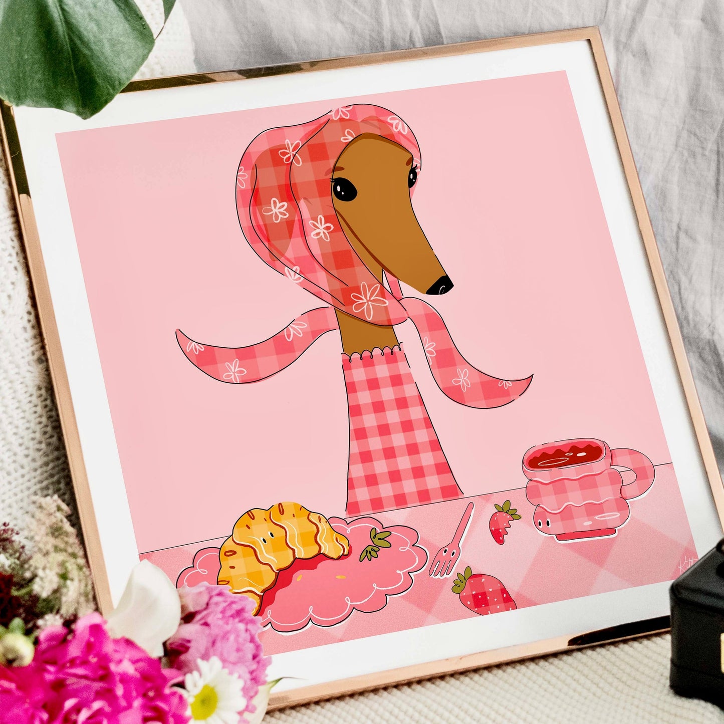 Illustration of a dog in a pink outfit with a scarf, sitting at a table with food and a cup.