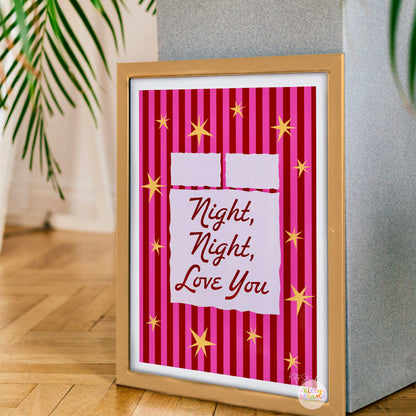 Framed artwork with 'Night, Night, Love You' text on a striped background