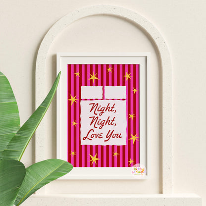 Framed artwork with 'Night, Night, Love You' text on a pink striped background, leaning against a white wall.