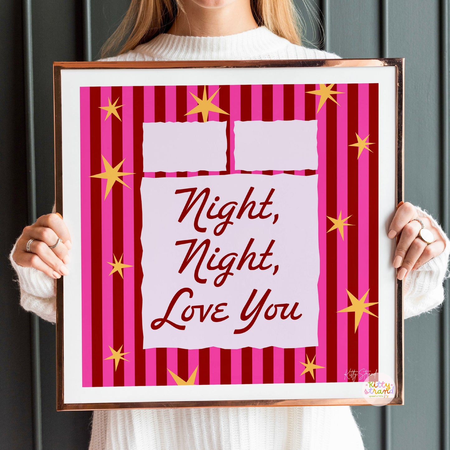 Pink bed themed wall art with a pink striped background and an illustration of a bed with the quote "Night Night, Love You" in cursive writing