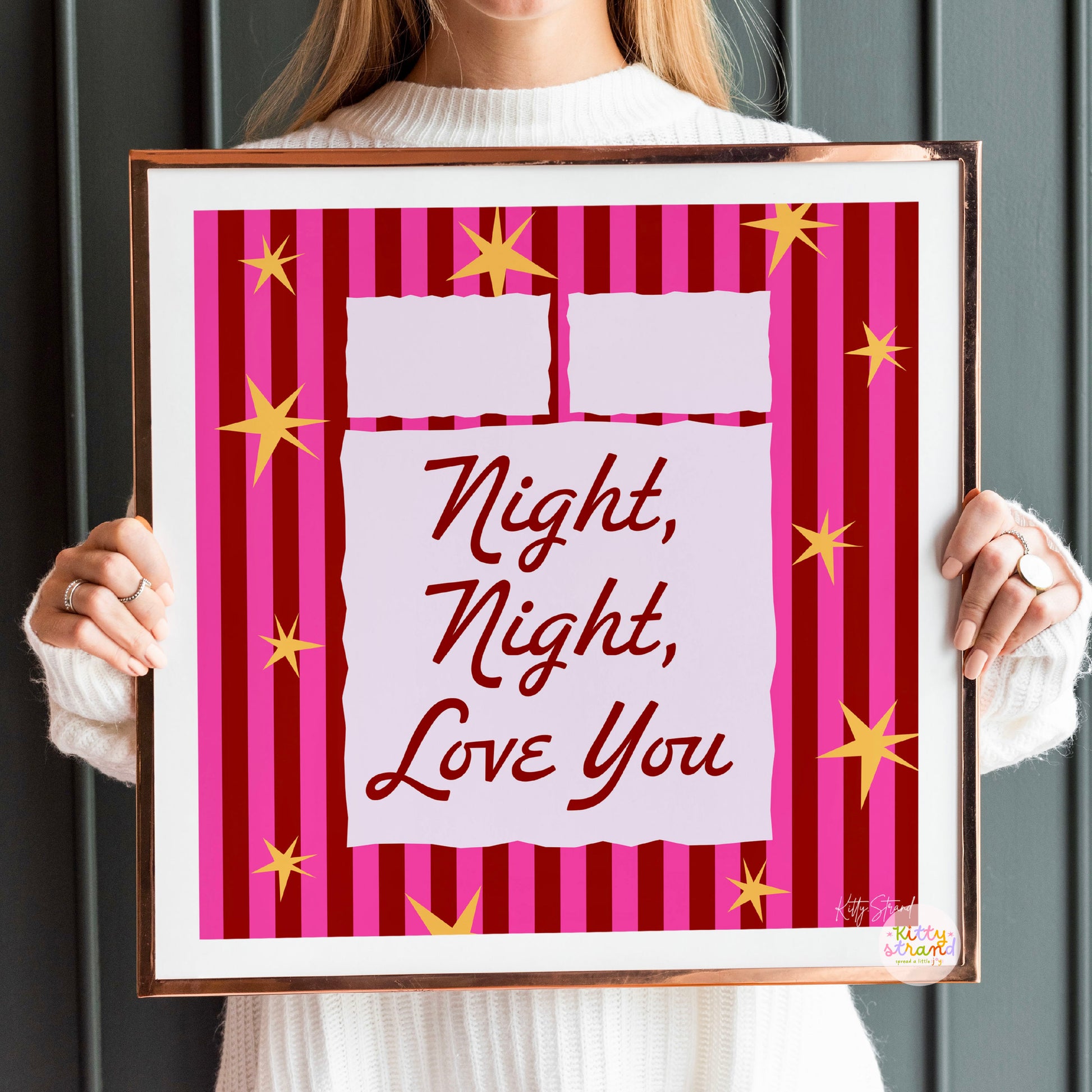 Pink bed themed wall art with a pink striped background and an illustration of a bed with the quote "Night Night, Love You" in cursive writing
