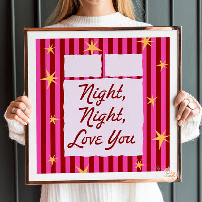 Pink bed themed wall art with a pink striped background and an illustration of a bed with the quote "Night Night, Love You" in cursive writing