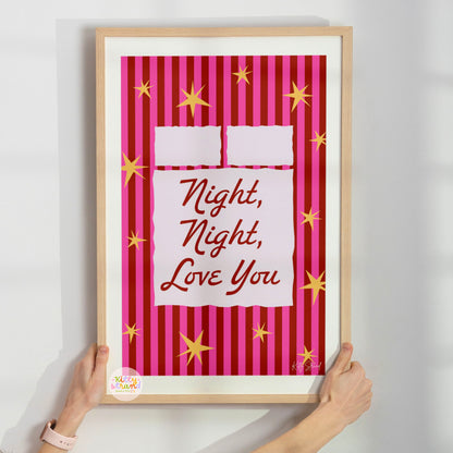 Framed artwork with 'Night, Night, Love You' text on a striped background